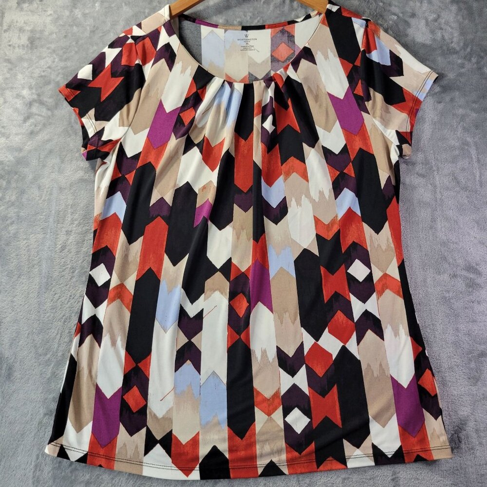Worthington Womens Petite L Geometric Print Short Sleeve Top Multicolor Workwear